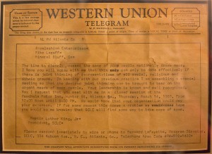 Dr. King sends a wire to Michael Lozoff weeks prior to his assassination in April 1968.