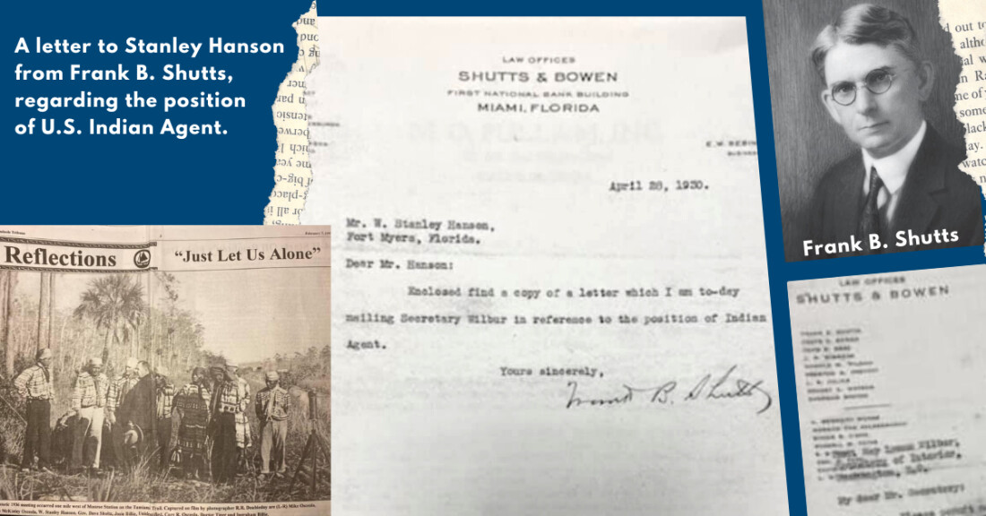 Letter dated April 28, 1930, from the firm’s founder Frank Shutts to Stanley Hanson